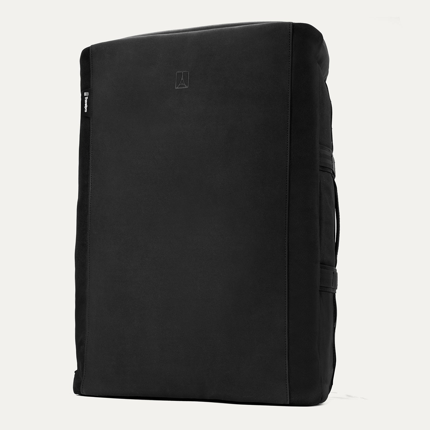Upright front view of the Travelpro Altitude Convertible Duffel/Backpack in  Jet Black, showing smooth base panel with subtle logo detailing.
