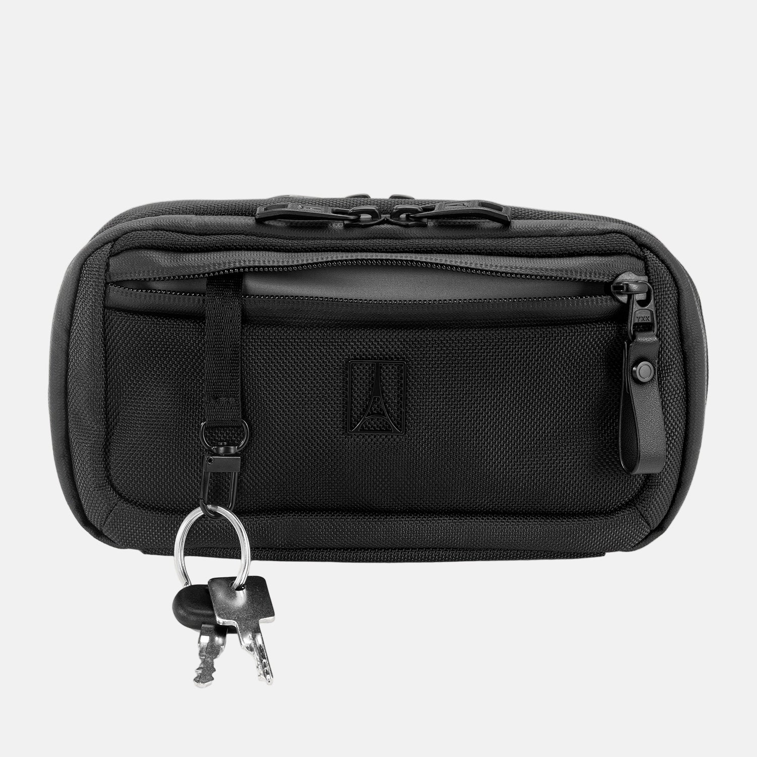 Front view of Travelpro Altitude Sling 2L in Jet Black, featuring zippered front pocket and key leash with attached keys.
