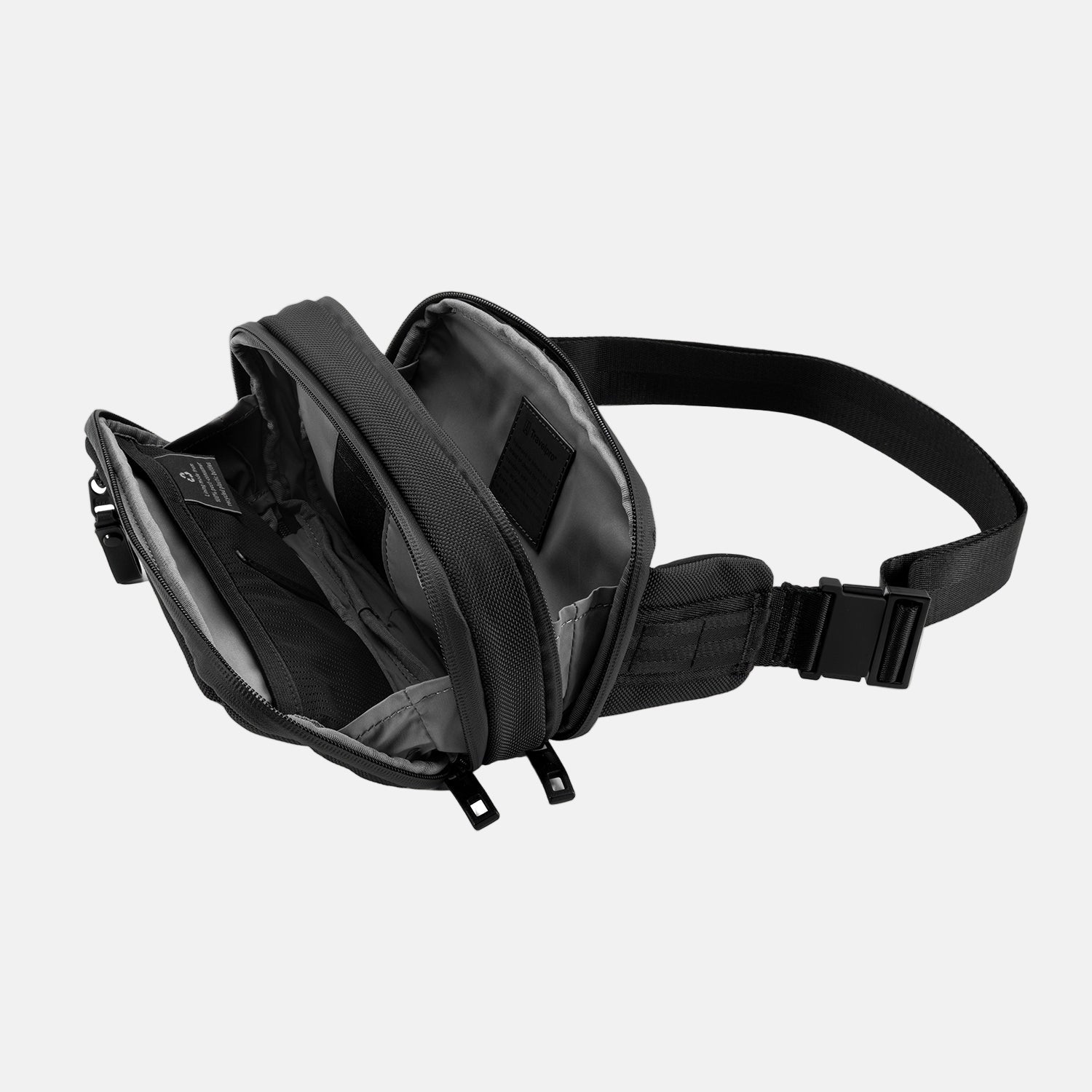 Interior view of Travelpro Altitude Sling 2L in Jet Black, showing dual compartments with internal pockets
