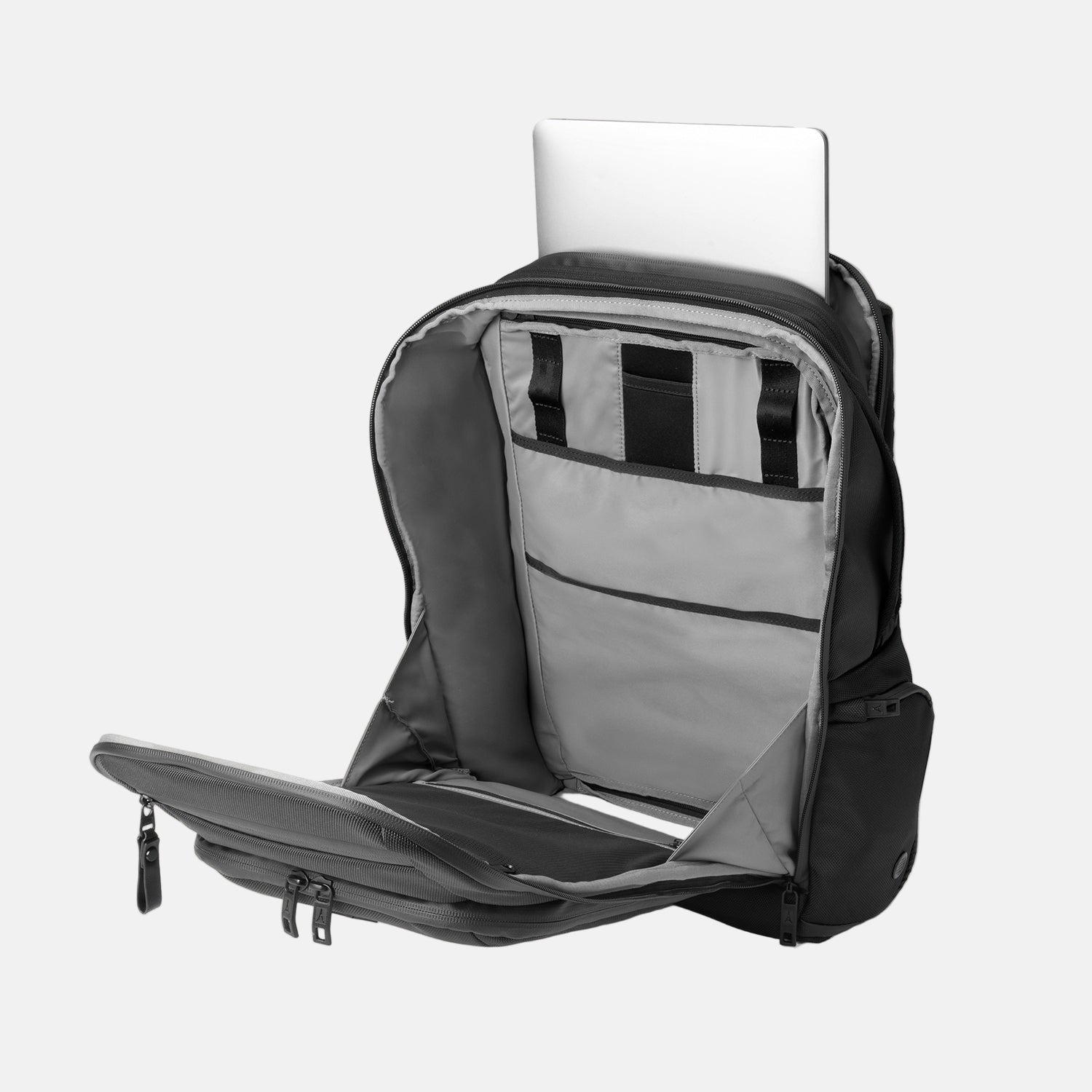 Front-open view of Travelpro Altitude All-Purpose Laptop Backpack in Jet Black, featuring a laptop in padded sleeve and interior organizational compartments