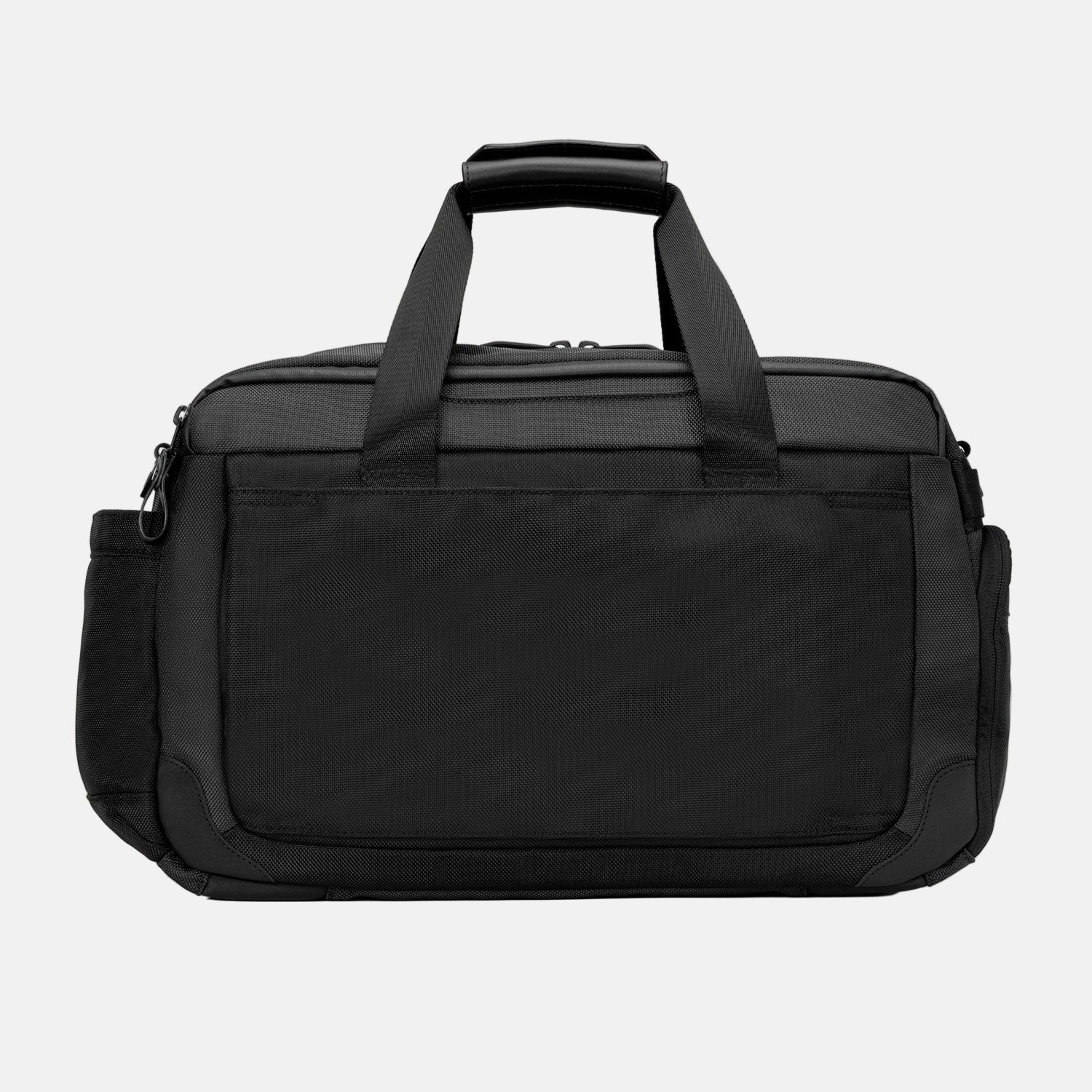 Rear view of the Travelpro Altitude Day-to-Day Duffel in Jet Black, highlighting the discreet rear pocket and durable handles.
