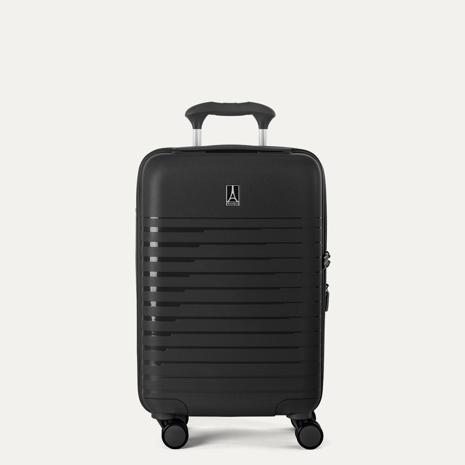 Front view of the Optima Expandable Compact Carry-on Spinner in Black, showcasing the durable polypropylene hardshell with sleek horizontal ribbing, centered Travelpro logo, and telescoping handle.